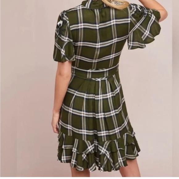 ๐HP๐ Anthropologie Green Plaid Floral Embroidered Boho Mini Dress - Picture 2 of 8